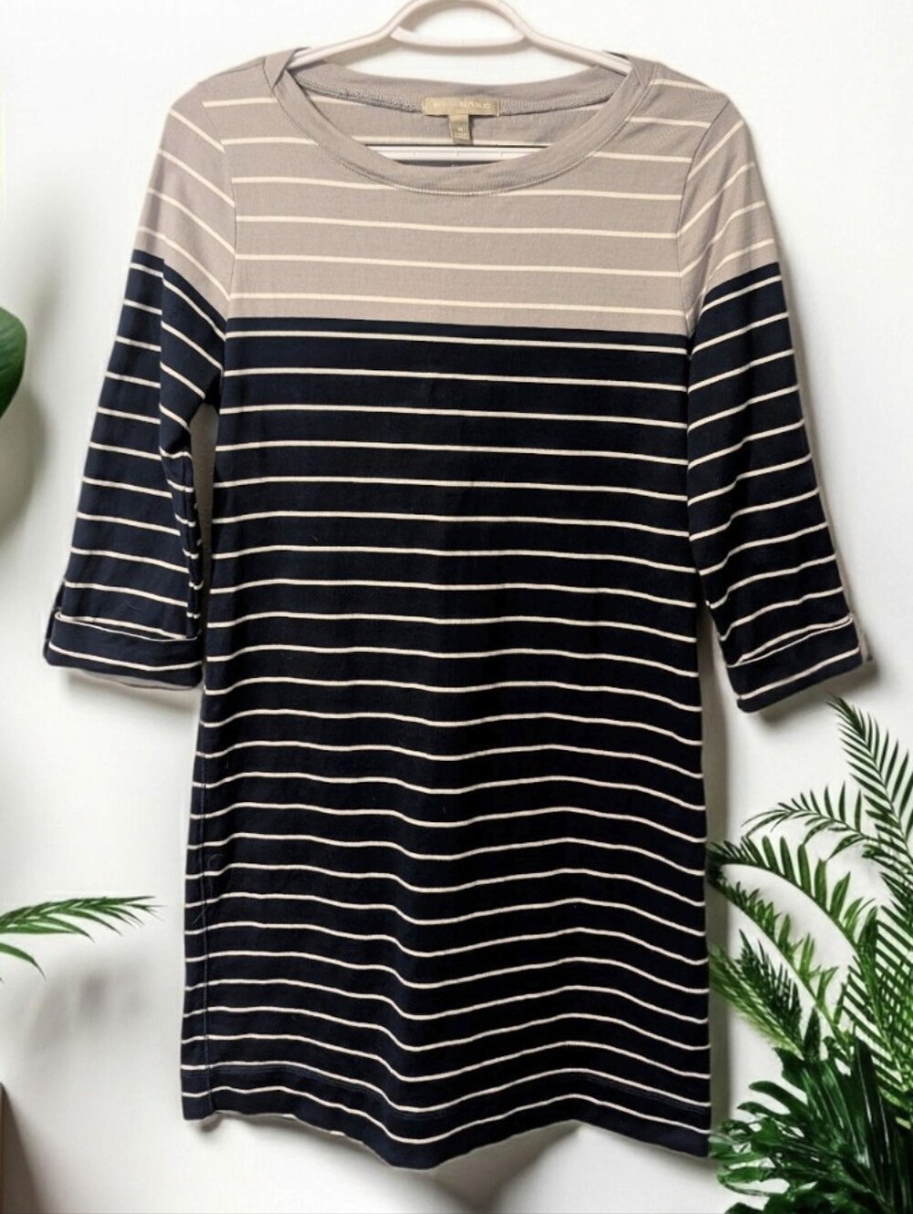 Banana Republic Navy & Grey Stripe 3/4 Sleeve Shift Dress 100% Cotton, Size M